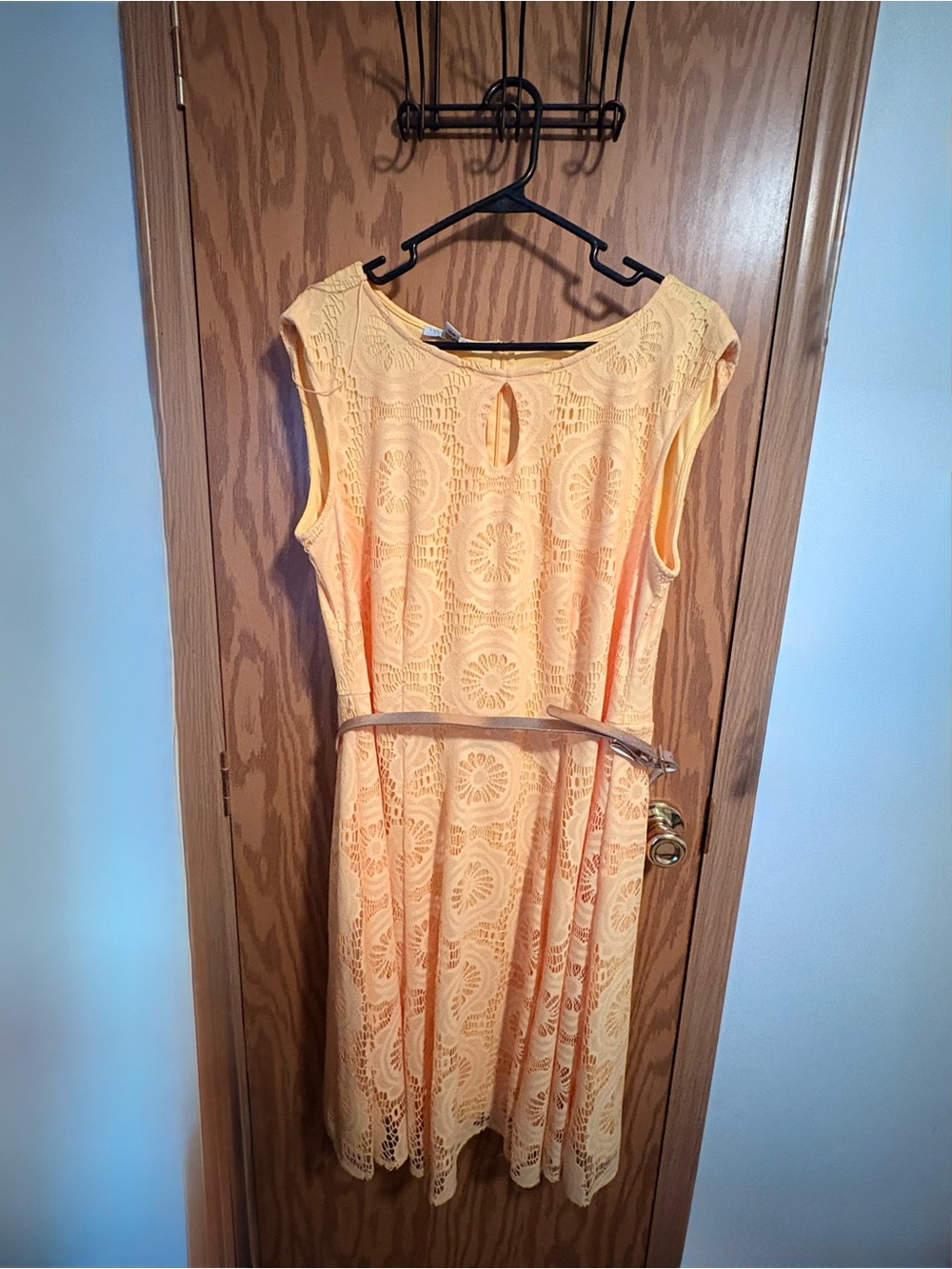 London Style Peach Lace Fit & Flare Dress with Belt